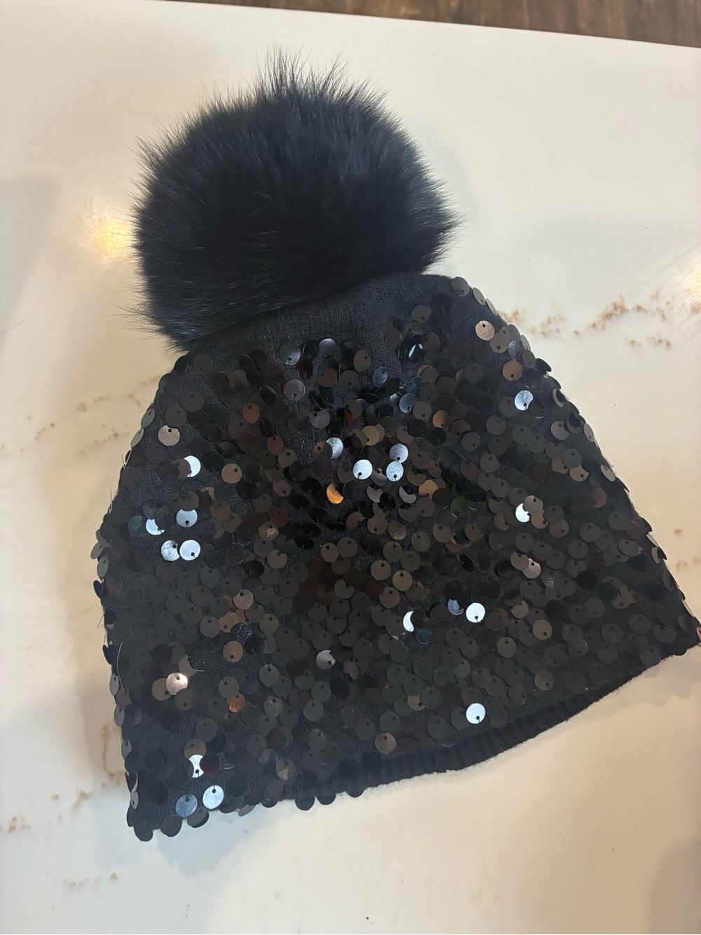 Fox fur Black Sequin Pom Beanie